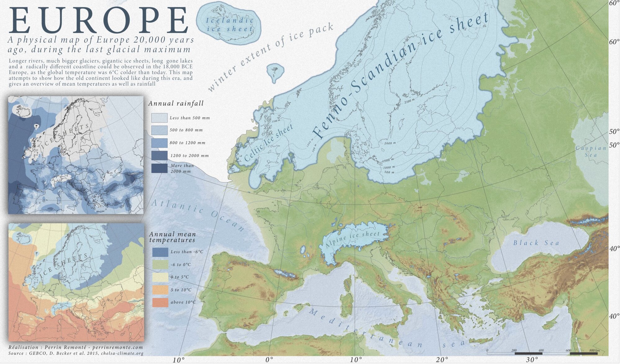 Jak vypadala Evropa při minulé době ledové, tzn. když byla globální teplota o zhruba 6 ˚C nižší než dnes. 